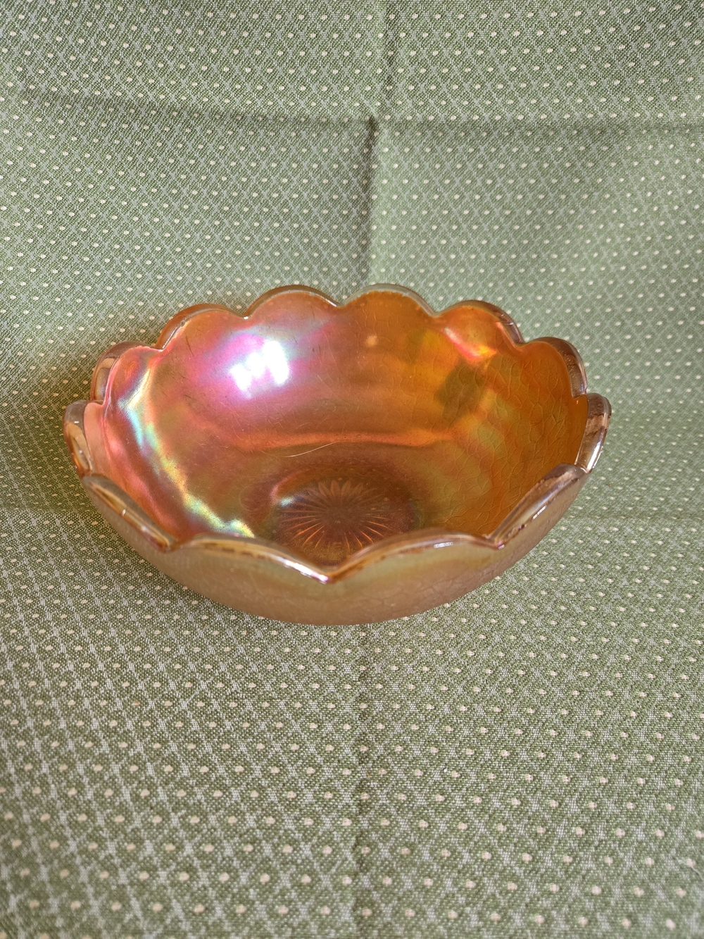 Jeannette Crackle Style Marigold Carnival Glass Iridescent Bowl